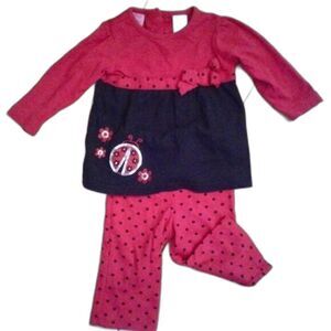ellemenno BabyGirl 3/6M Shirt Pants Outfit Red Black Sparkly Ladybug Polka Dots